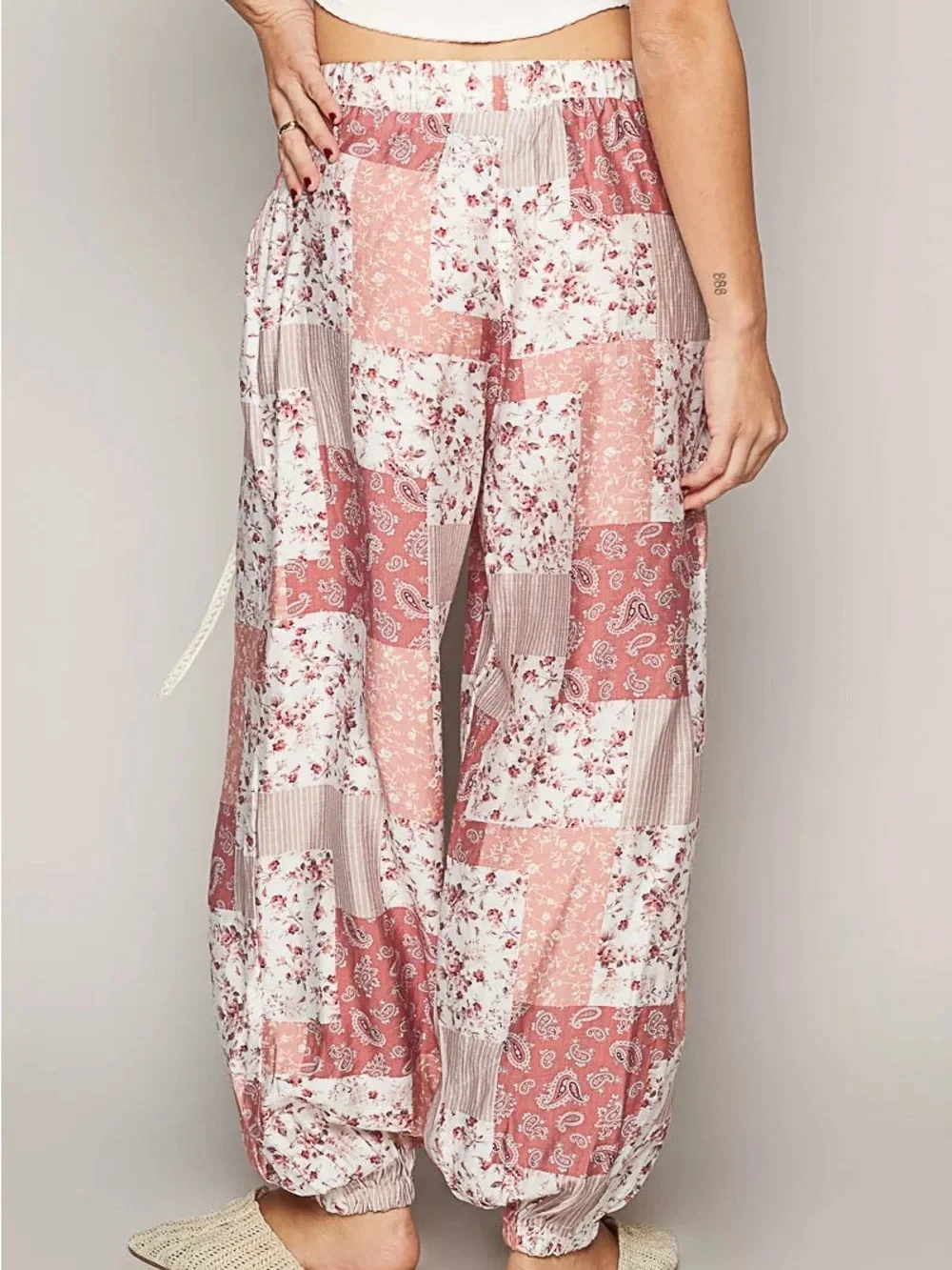 POL Drawstring Floral Patchwork Wide leg Palazzo Pant with Cuffed Ankle, LG - Picture 8 of 8
